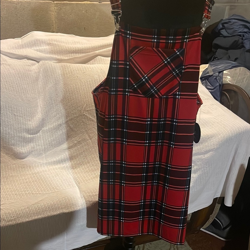 Red Plaid Overall Dress